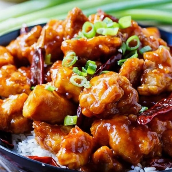 Close-up of Rice Bowl Cafe's General Tso's chicken, garnished with green onions and red chilies.
